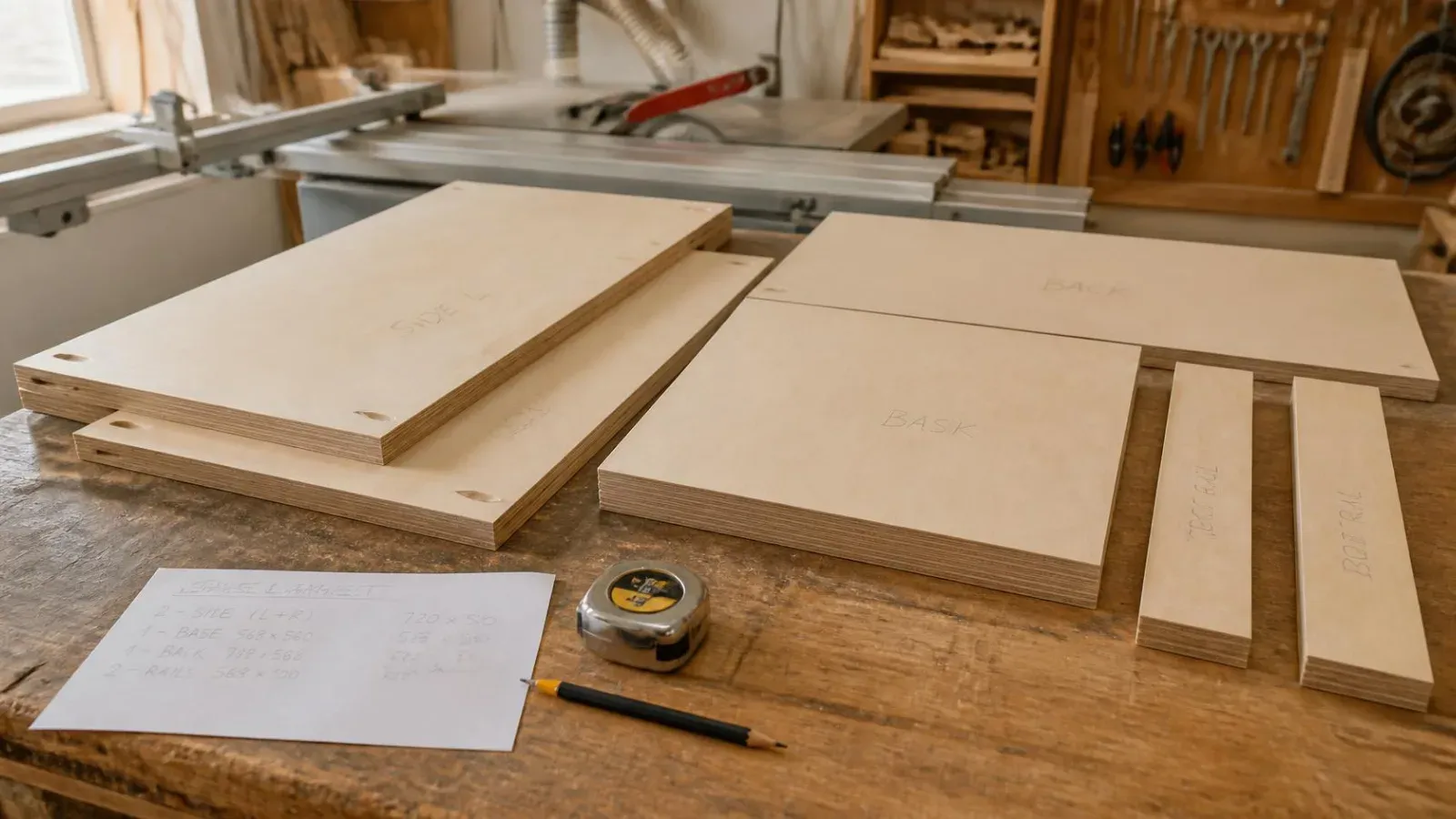 The cut parts of a kitchen base cabinet in birch plywood laid out on a workshop bench beside a handwritten parts list and a tape measure.