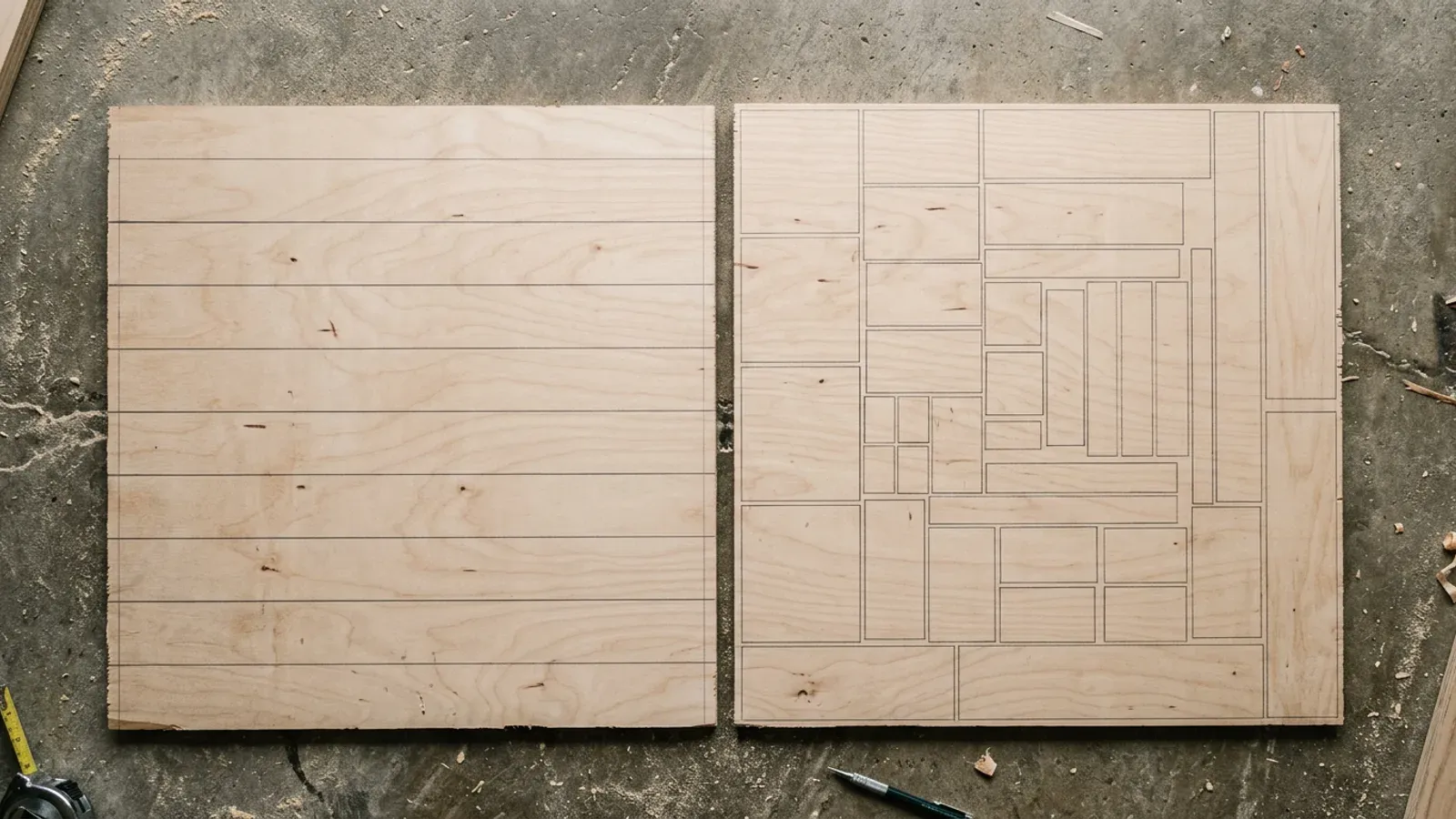 Two plywood sheets side by side, one marked with clean parallel rip-cut strips and the other with tightly packed rectangular parts.