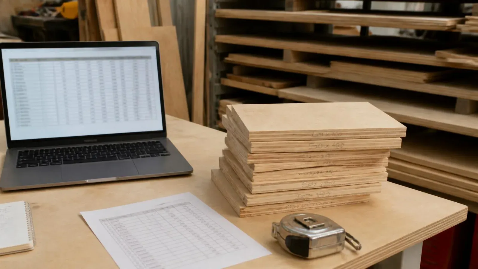 A laptop showing a spreadsheet on a plywood desk beside a stack of cut and labelled plywood panels, a tape measure and a printed sheet.