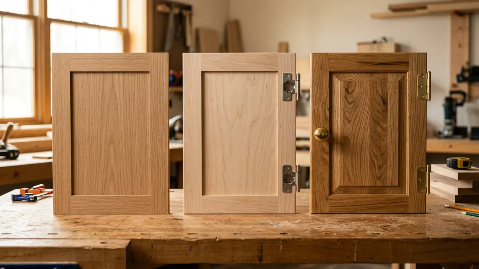 Three cabinet door samples of rising quality side by side on a workshop bench, illustrating good, better and best options.