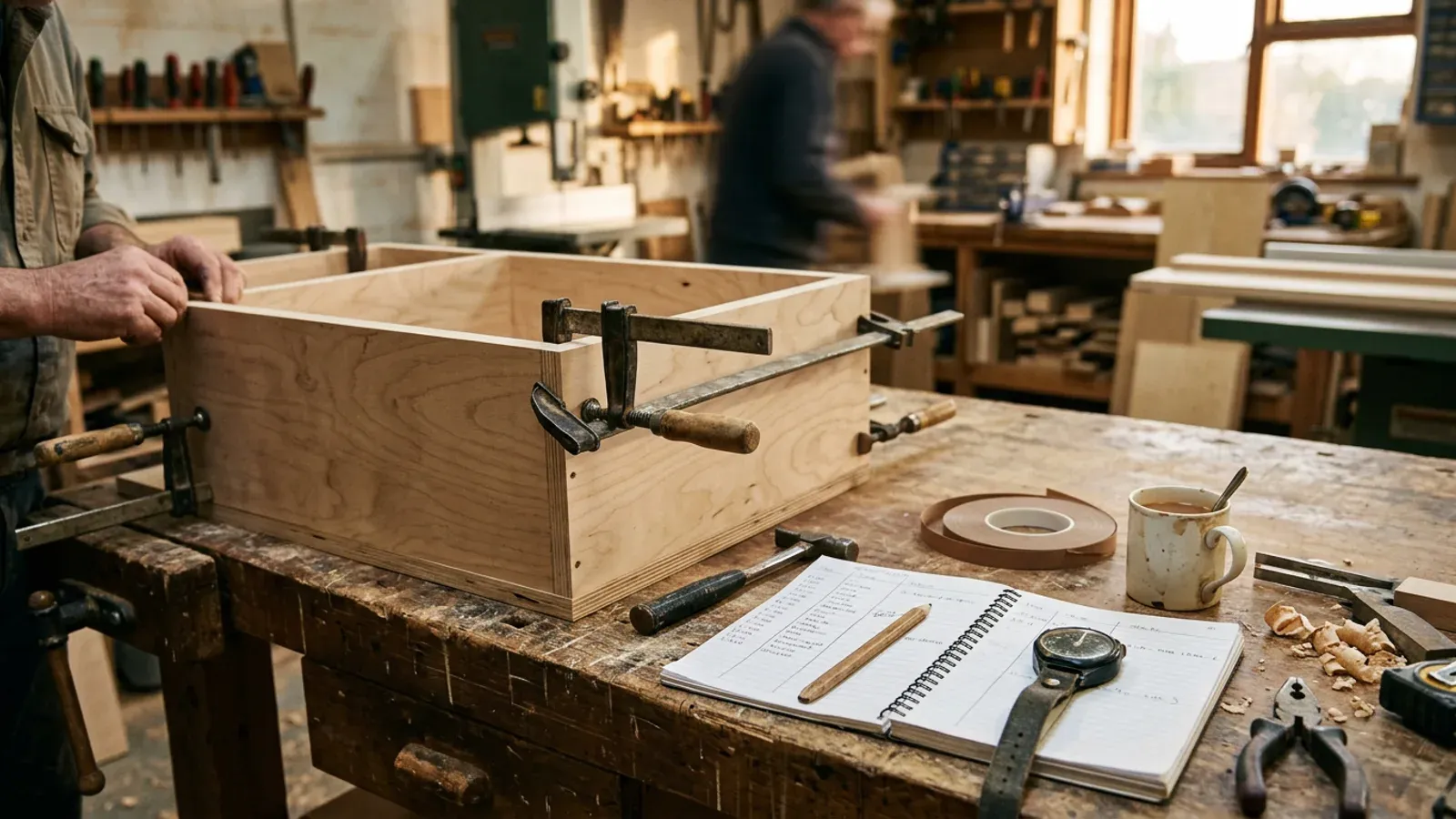A half-assembled birch plywood kitchen carcass in clamps on a workshop bench, beside a notebook of handwritten task times, a pencil, a watch and a mug of tea.