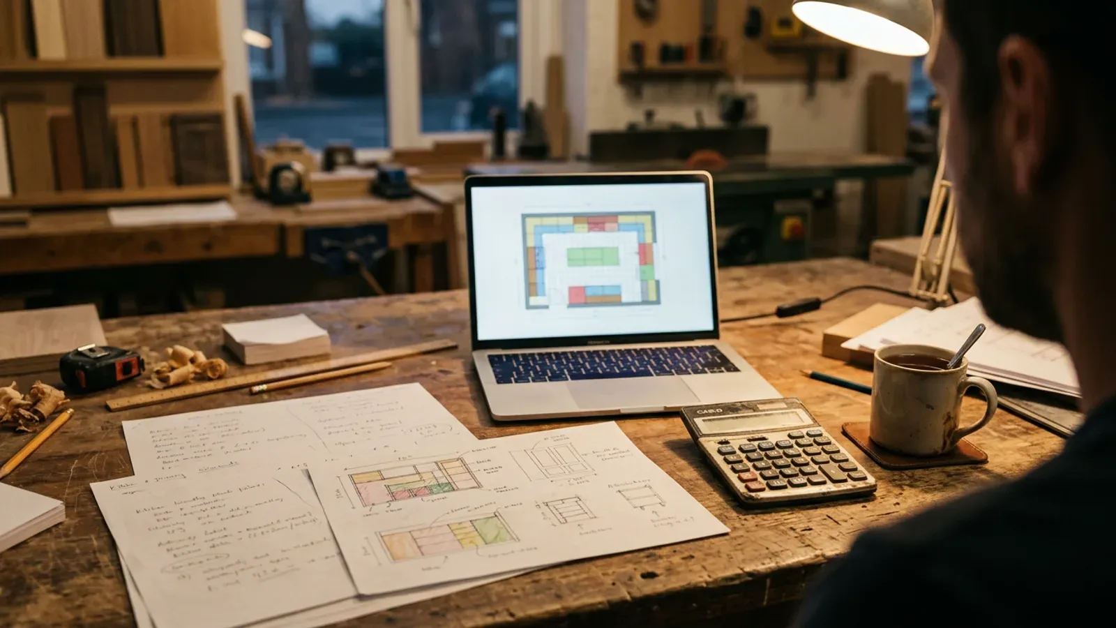 A joiner at a workshop desk working out a kitchen quote, with cabinet sketches, a calculator and a laptop showing a cutting layout.