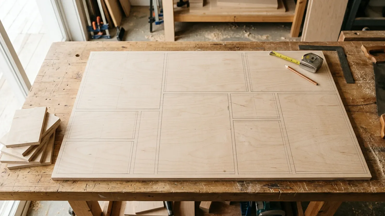 A sheet of birch plywood on a workshop bench, marked up with a tidy rectangular cutting layout in pencil, with offcuts stacked alongside.