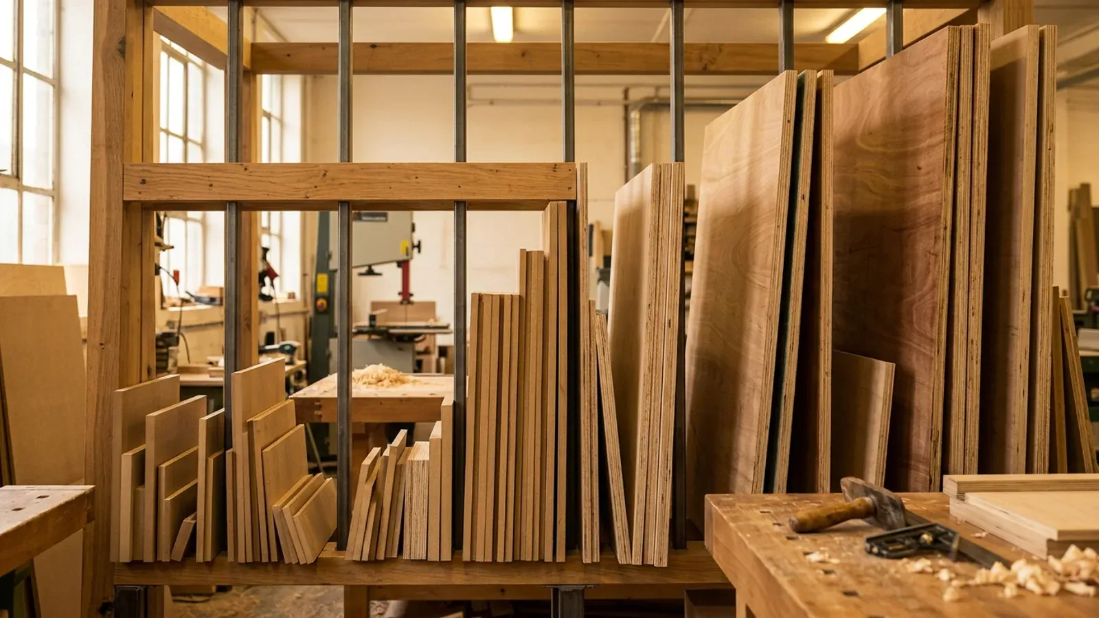 A workshop storage rack holding sorted plywood offcuts and half-sheets stood on edge, ready to be reused on the next job.