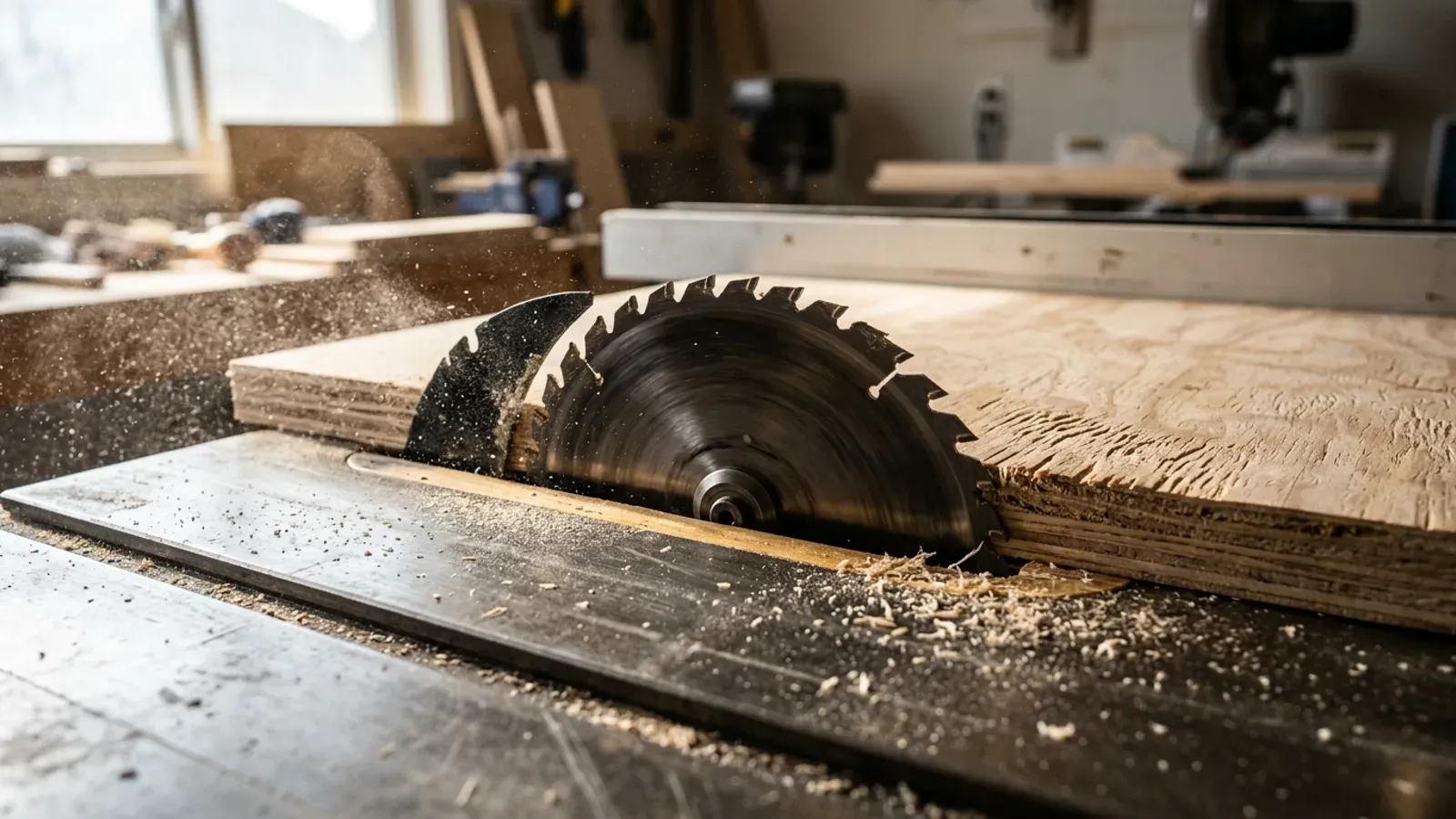 Close-up of a circular saw blade part-way through a sheet of plywood, with the narrow kerf channel and fine sawdust visible along the cut.