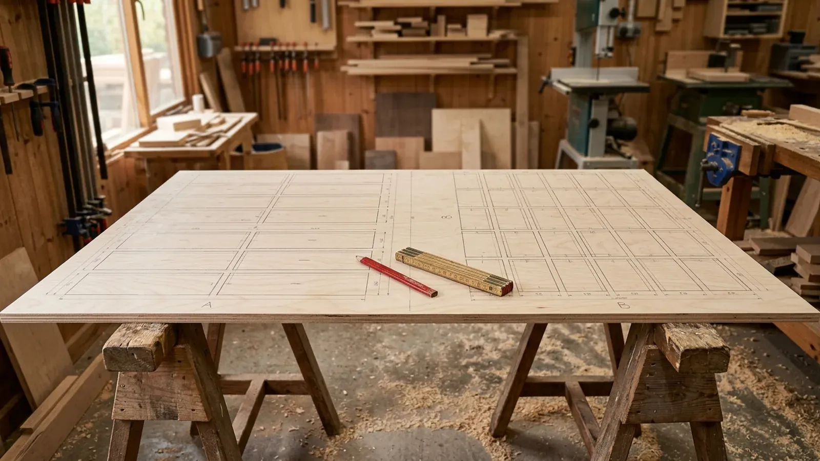 A full sheet of plywood marked with two alternative cutting layouts in pencil, one running lengthways and one across the width.