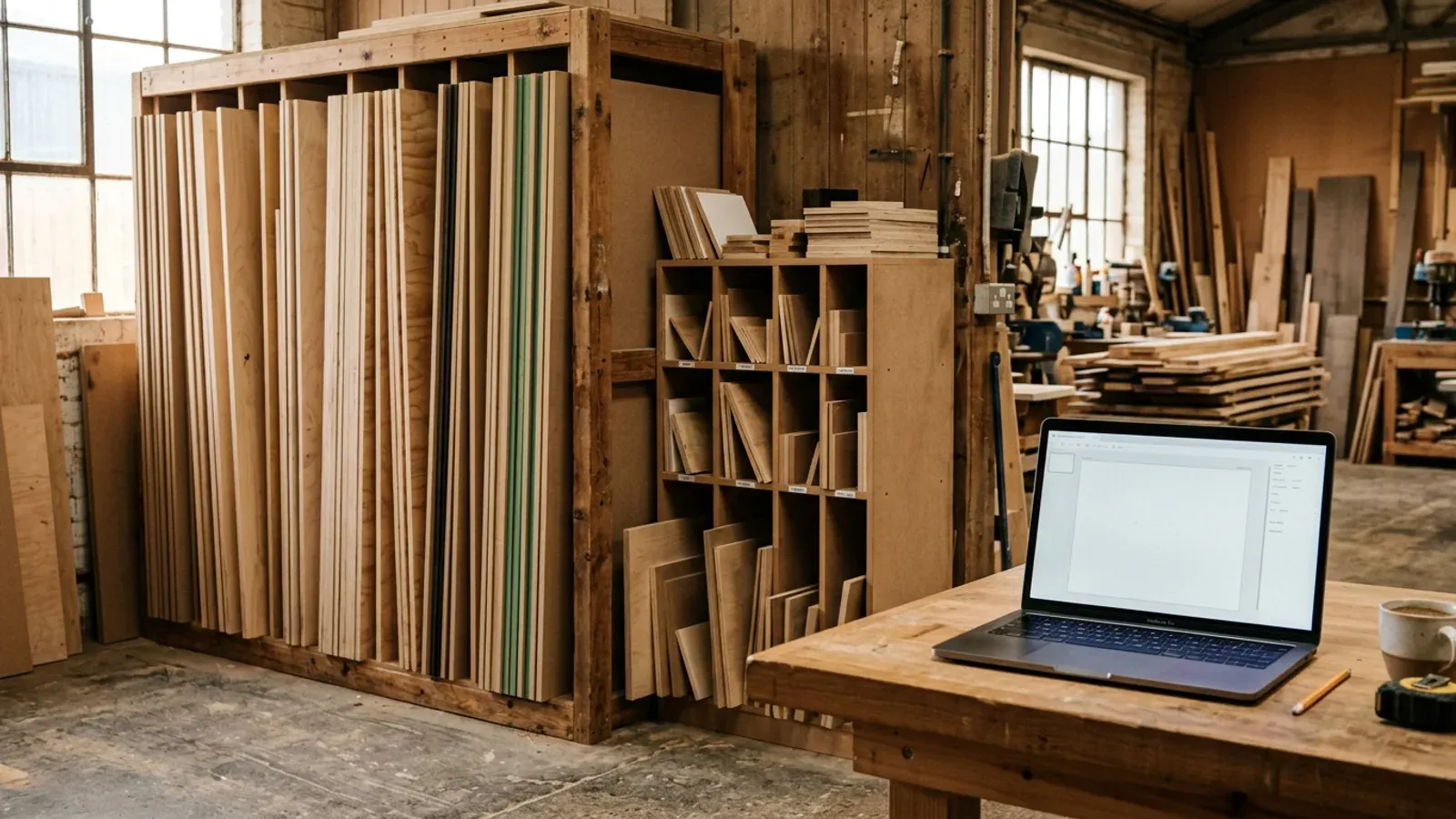 An organised sheet-goods storage rack of full boards and sorted offcuts in a joinery workshop, with a laptop open on a workbench.