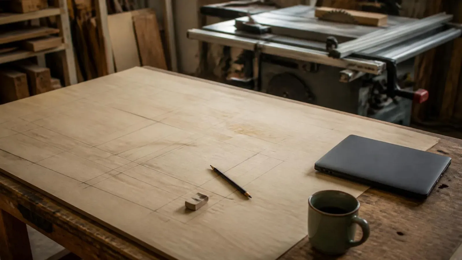A full sheet of plywood on a workshop bench with a pencil and eraser lying on it, a closed laptop and a mug of coffee at the edge of the bench.