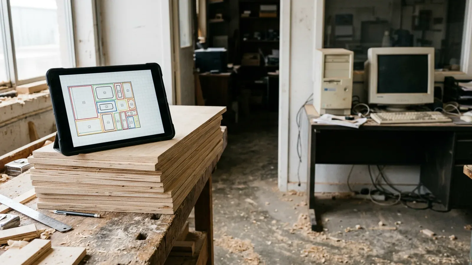 A tablet showing a cutting layout propped on a stack of plywood sheets in a workshop, with a dusty desktop PC on a bench in the background.