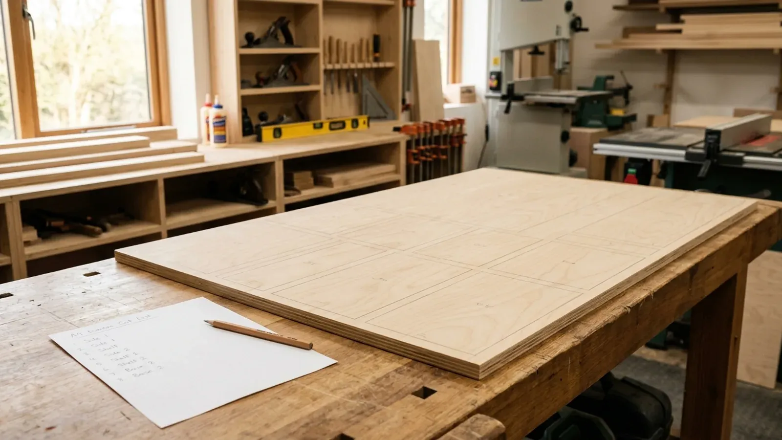 A sheet of birch plywood on a workshop bench, marked in pencil with a tidy rectangular cutting layout, a handwritten cut list and pencil beside it.
