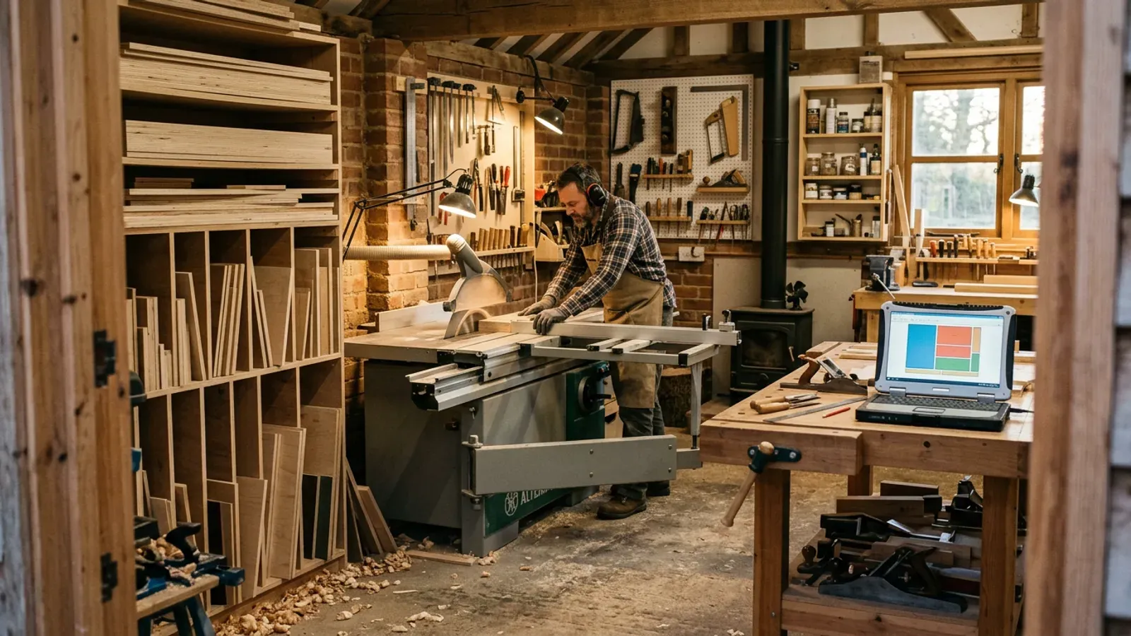 A small woodworking shop with a rack of plywood sheets and sorted offcuts, a joiner working at a panel saw, and a laptop on the bench showing a cutting layout.
